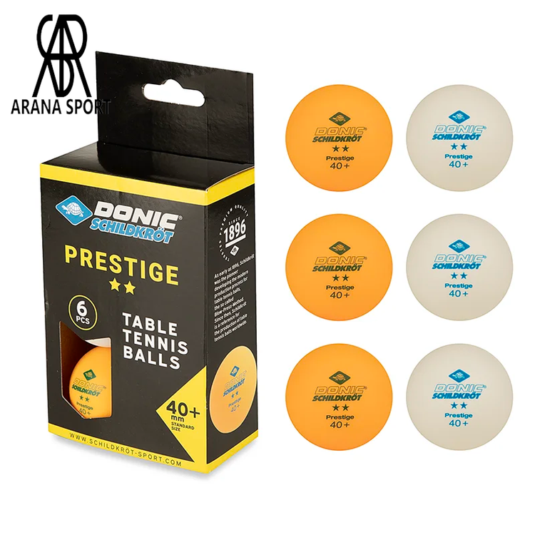 توپ پینگ پنگ دونیک شیلدکروت 2 ستاره 40+ مدل Prestige بسته 6 عددی سفید نارنجی مناسب تمرین و بازی نیمه حرفهای