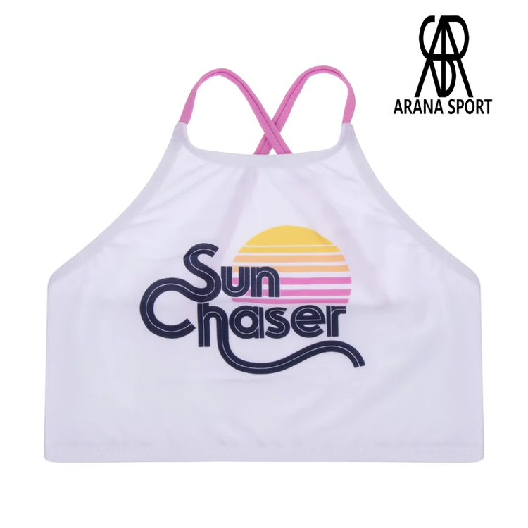 نمای پشت مایو شنا بچه گانه دخترانه دو تکه SUN HASER که دارای بندهای متقاطع برای فیکس شدن بهتر روی بدن و آزادی حرکت حداکثری برای شناگران خردسال است