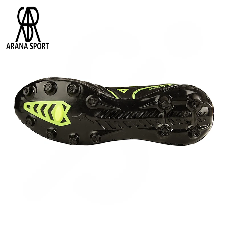 کفش فوتبال آران اسپورت مدل Morelia Classic با طراحی مشکی و جزئیات سبز نئونی