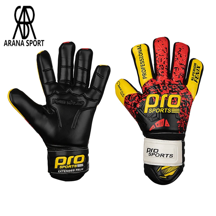 دستکش فوتبال گلری فنردار Pro Sports FENIX با لاتکس ضخیم و چسبندگی بالا، مناسب مهار توپهای پرسرعت، دارای مچبند پهن چسبی و طراحی Extended Palm برای کنترل بهتر-3