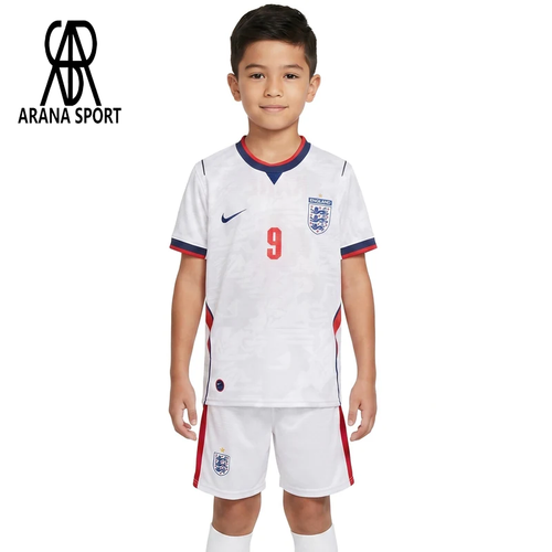 ست لباس فوتبال بچه گانه تیم ملی انگلیس طرح نایک با پیراهن سفید و شورت، چاپ نام Harry Kane و شماره 9، مناسب تمرین فوتبال و بازی روزمره کودک، خرید از آرنا اسپورتر-1