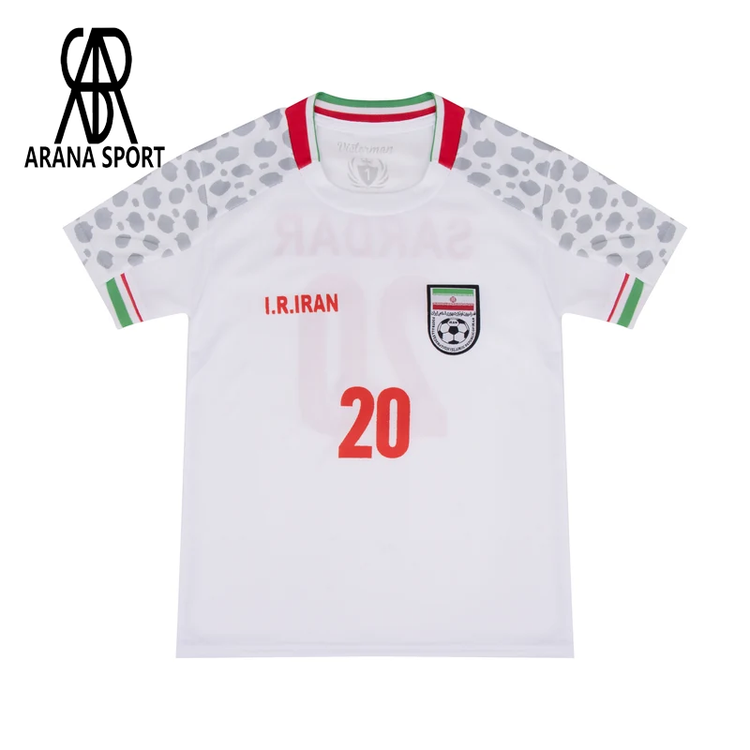 ست پیراهن شورت بچه گانه اول تیم ملی ایران جام جهانی سردار آزمون با طرح یوزپلنگ و شماره ۲۰ سفید-3