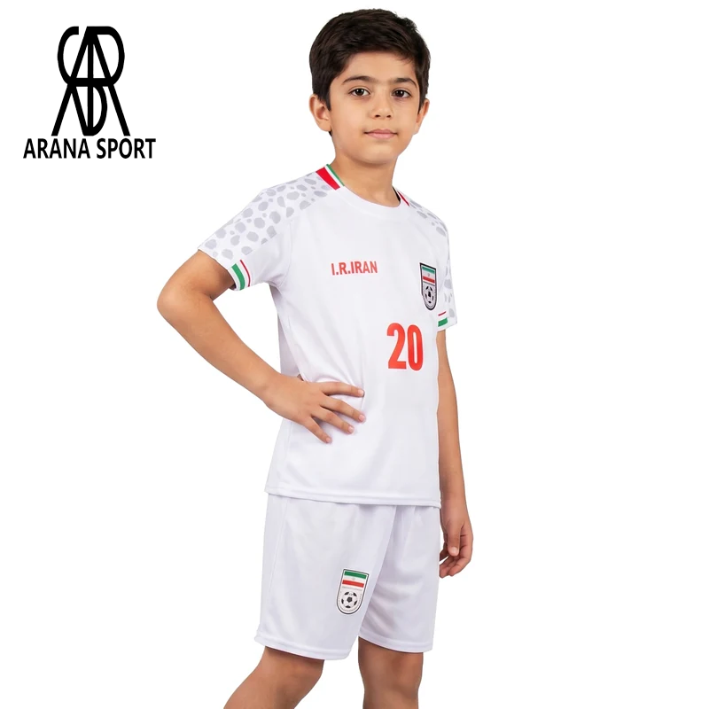 ست پیراهن شورت بچه گانه اول تیم ملی ایران جام جهانی سردار آزمون با طرح یوزپلنگ و شماره ۲۰ سفید-1